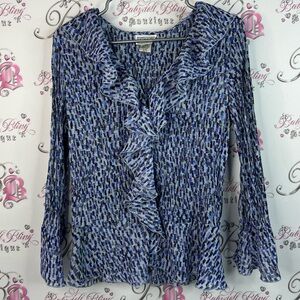 Bethany top ruffle frills frilly Elegant Blue Patterned Blouse with Ruffles